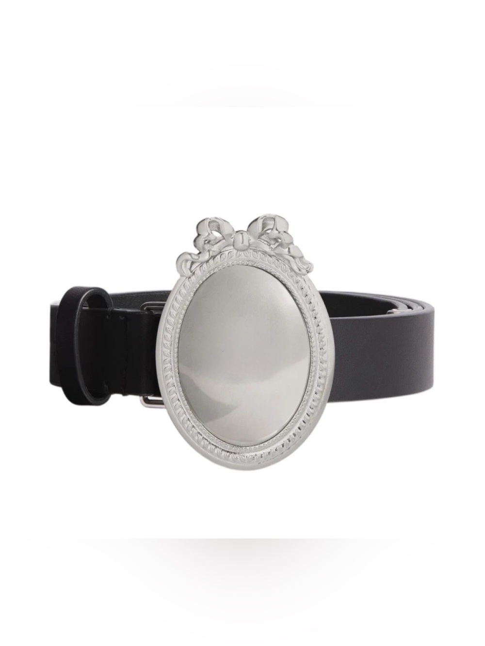 Vintage Black Belt with Silver Oval Bow Buckle